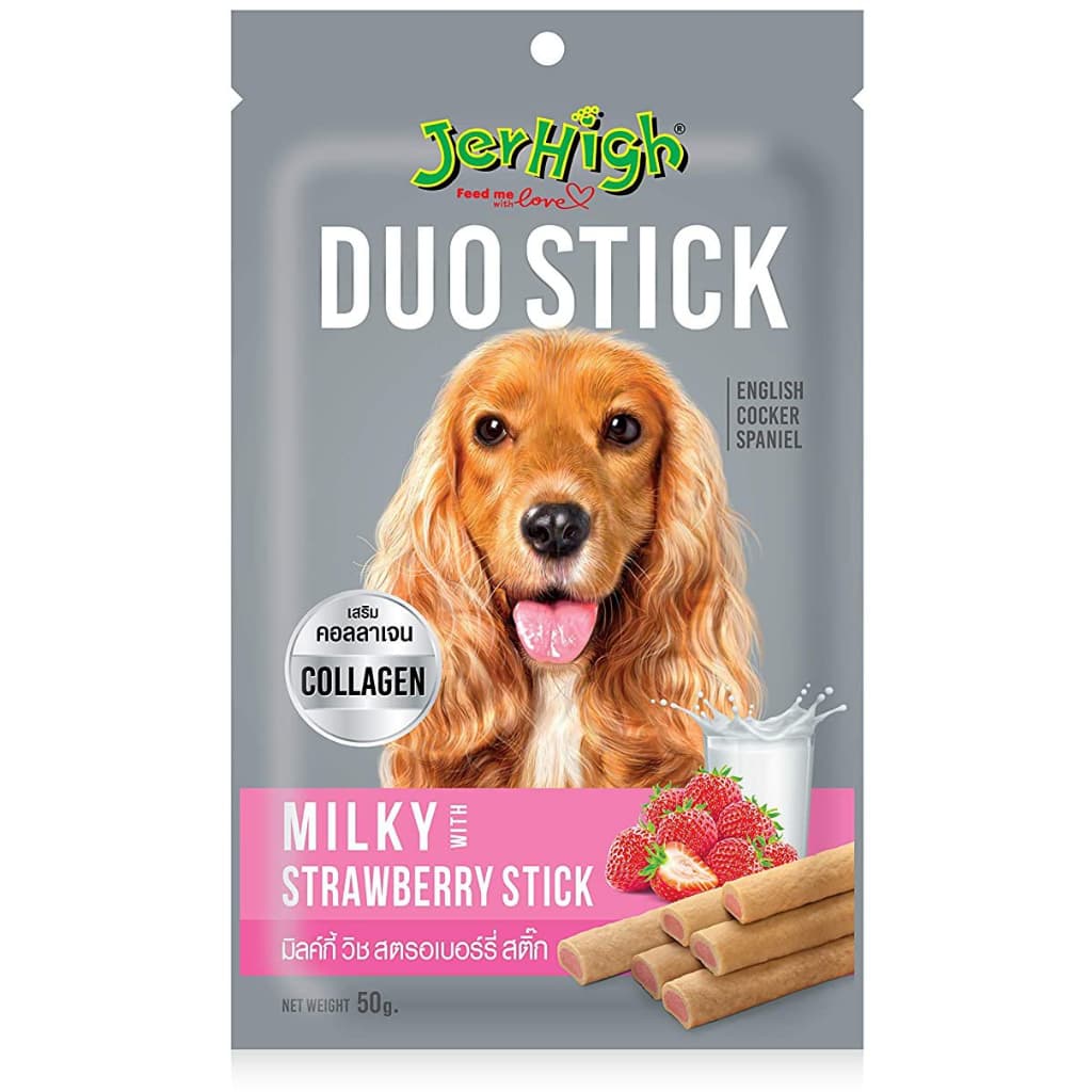 JerHigh Dog Treats for Adult/Puppy 70g, Duo 50g Dog Dental Den-T Stick Night/Morning Time Snack - Duo50g MilkStrawbery variant