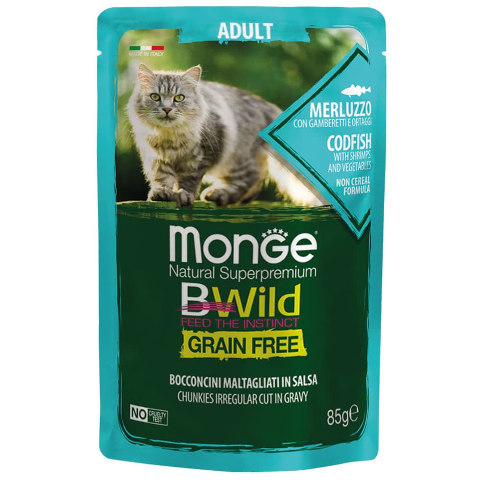 Monge Bwild Wet Cat Food 85g Pouch for Adult/Kitten, Grain-Free - CodShrimpVeggies variant