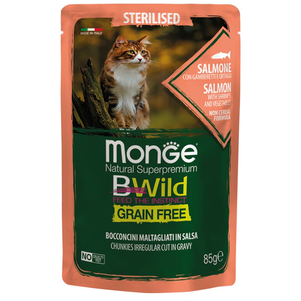 Monge Bwild Wet Cat Food 85g Pouch for Adult/Kitten, Grain-Free - SalmonShrimpVeggies variant