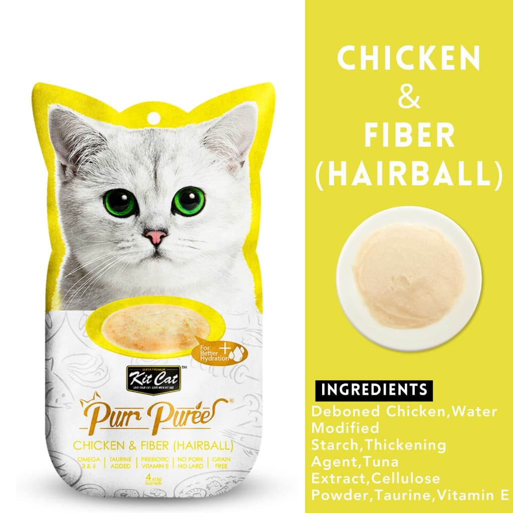 Kit Cat Purr Puree Plus Wet Cat Treats (4x15g) Grain-Free KitCat - ChknFiber Hairball variant