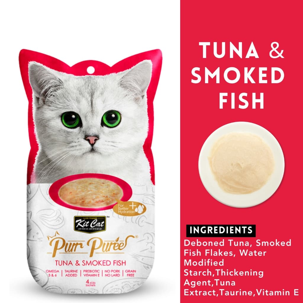 Kit Cat Purr Puree Plus Wet Cat Treats (4x15g) Grain-Free KitCat - Tuna Smoked Fish variant
